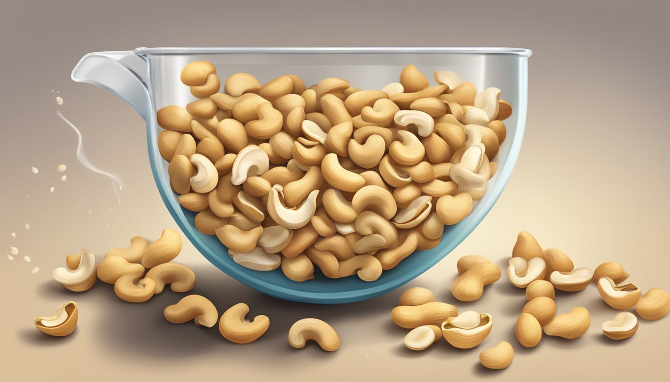 A pound of cashews pouring into a measuring cup