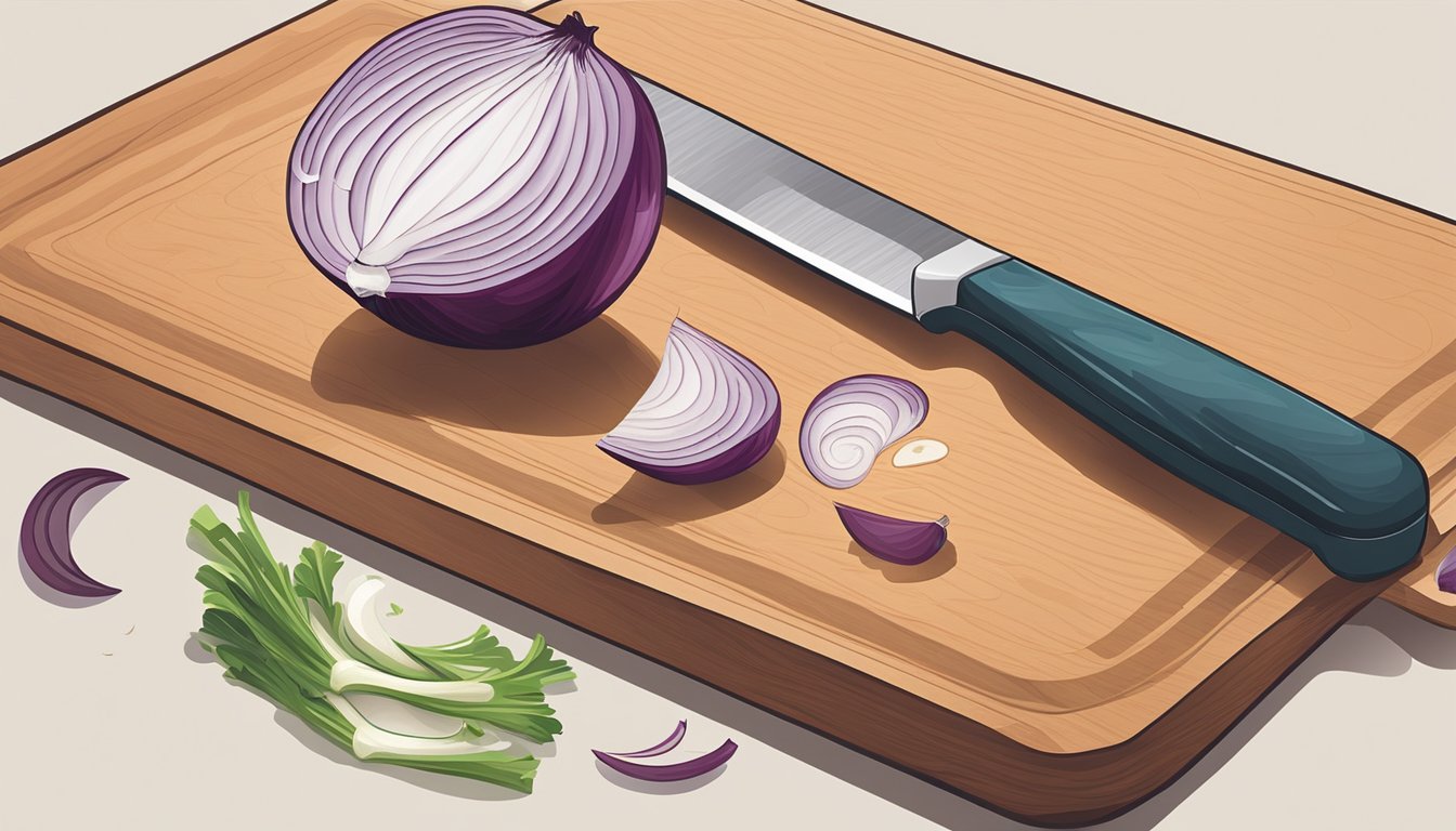 A knife slicing a medium onion into thin, even slices on a cutting board