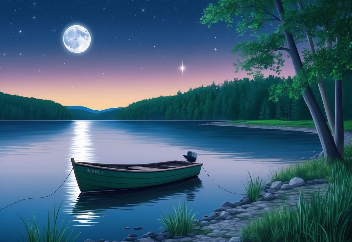 A serene lakeside at dusk, with a lone fishing boat anchored in the water. The moon and stars are visible in the night sky, casting a soft glow over the scene