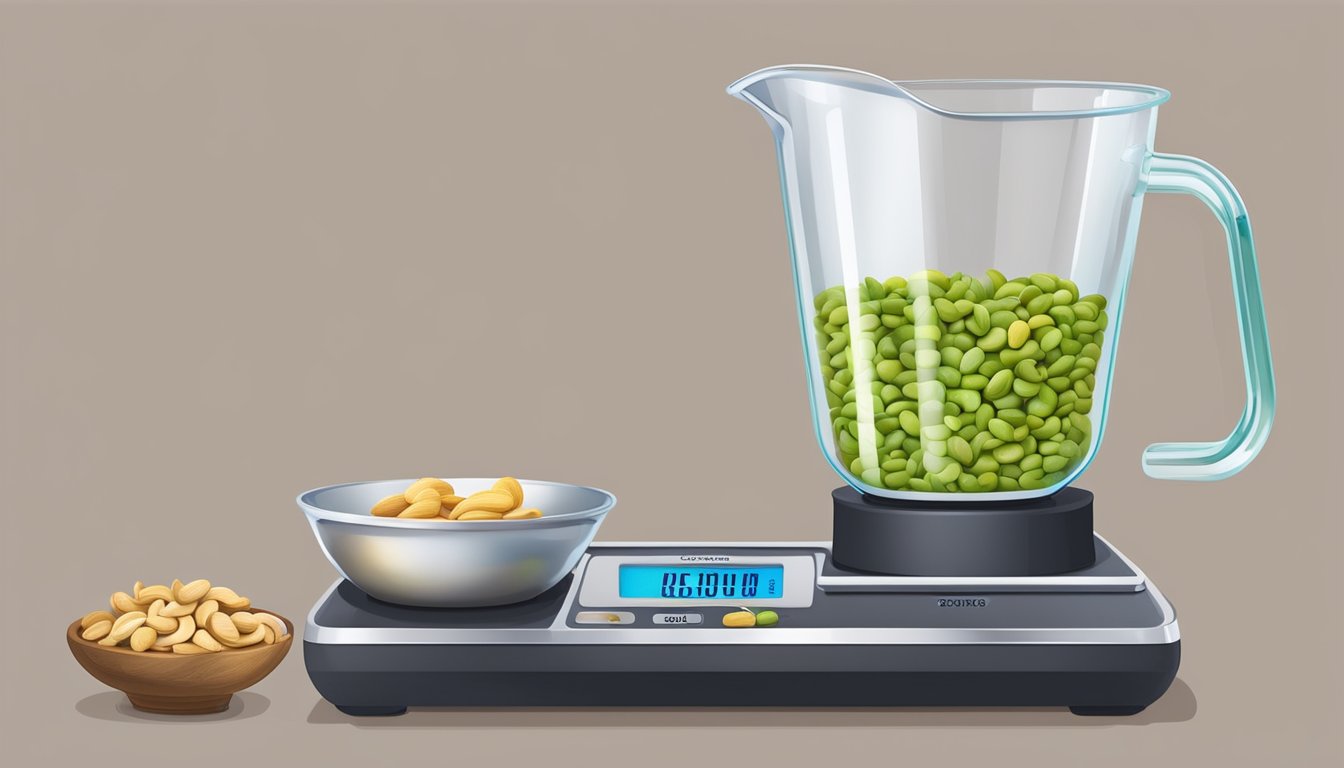 A measuring cup filled with cashew nuts, next to a digital scale displaying the weight in pounds