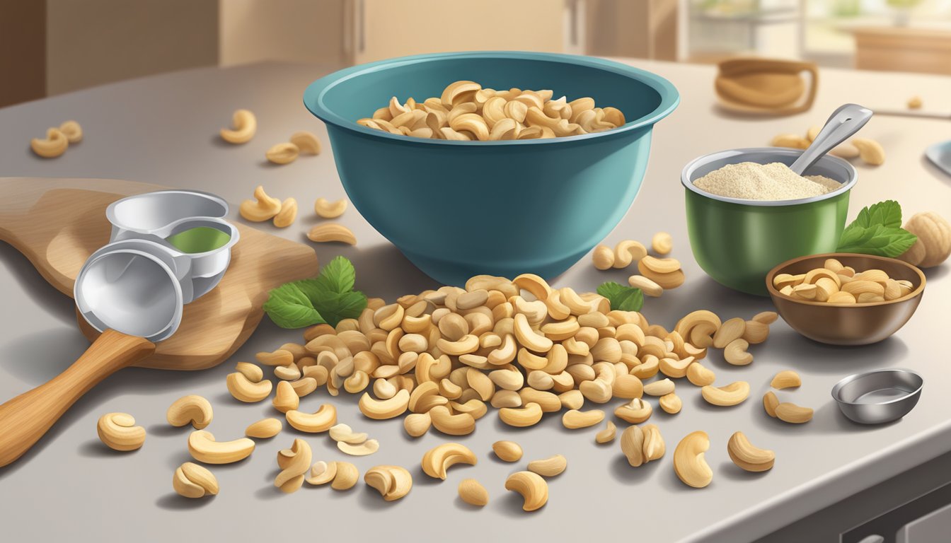 A pound of cashews spilled from a measuring cup onto a kitchen counter, surrounded by various cooking utensils and ingredients