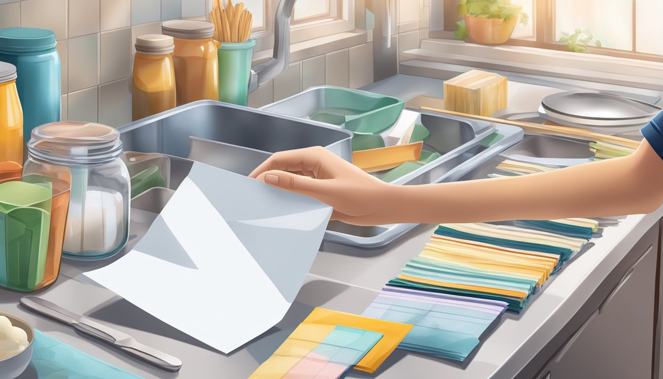 A hand reaching for a box of gelatin envelopes on a cluttered kitchen counter, with a measuring spoon nearby