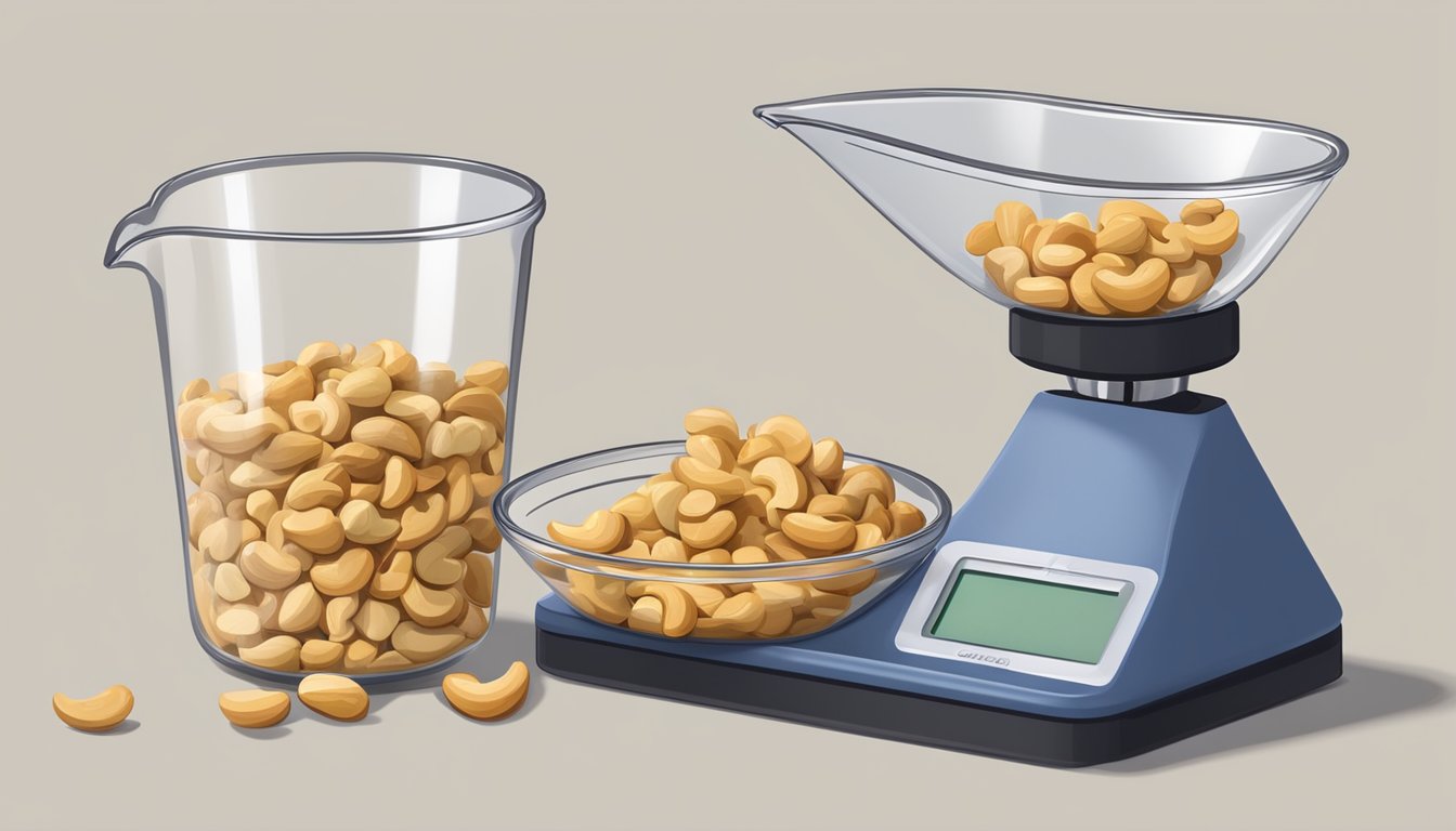 A measuring cup filled with cashews next to a digital scale displaying the weight in pounds