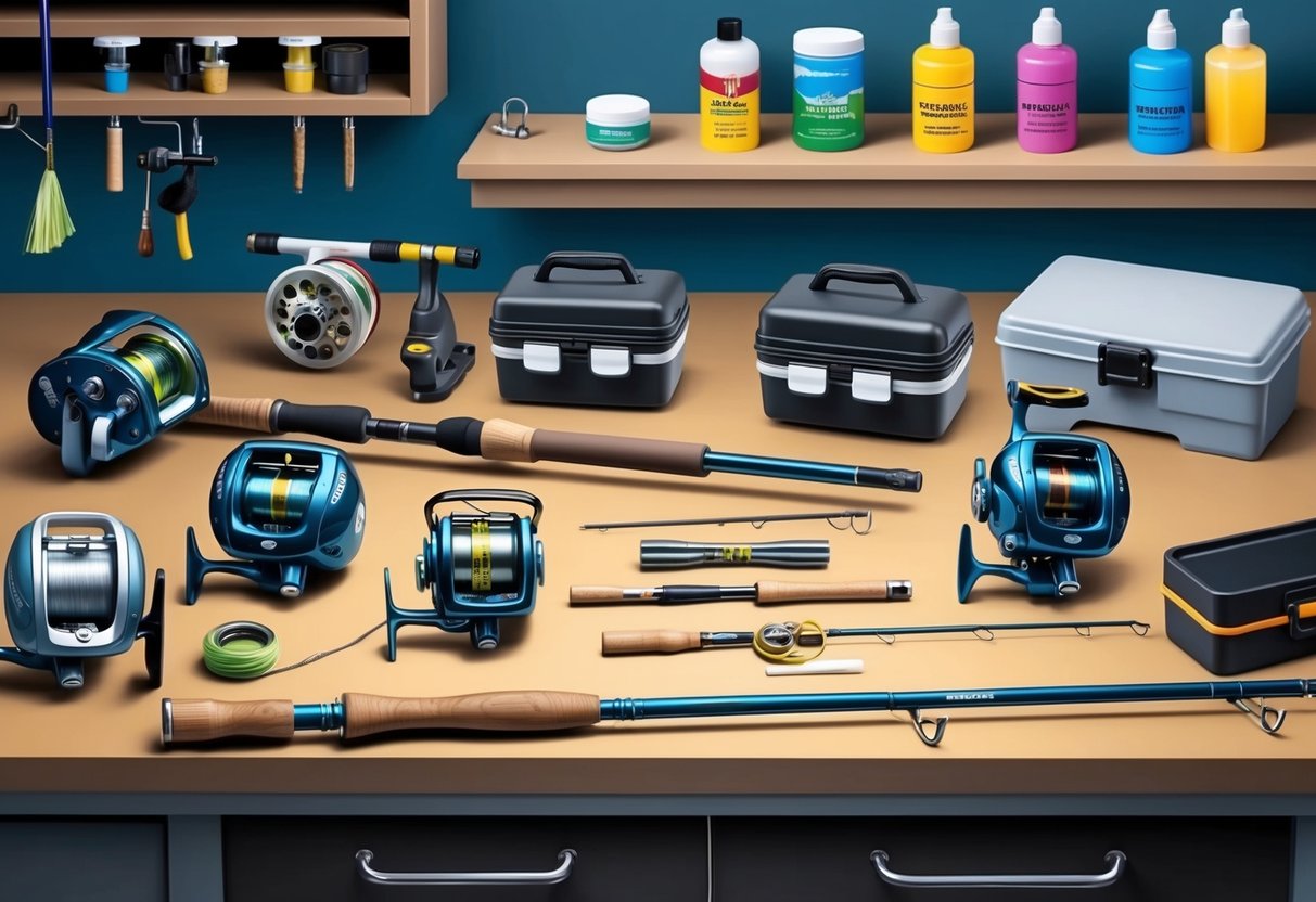 Fishing gear laid out on a workbench, with reels, rods, and tackle boxes being inspected and maintained. A shelf in the background holds containers of lubricants and cleaning supplies