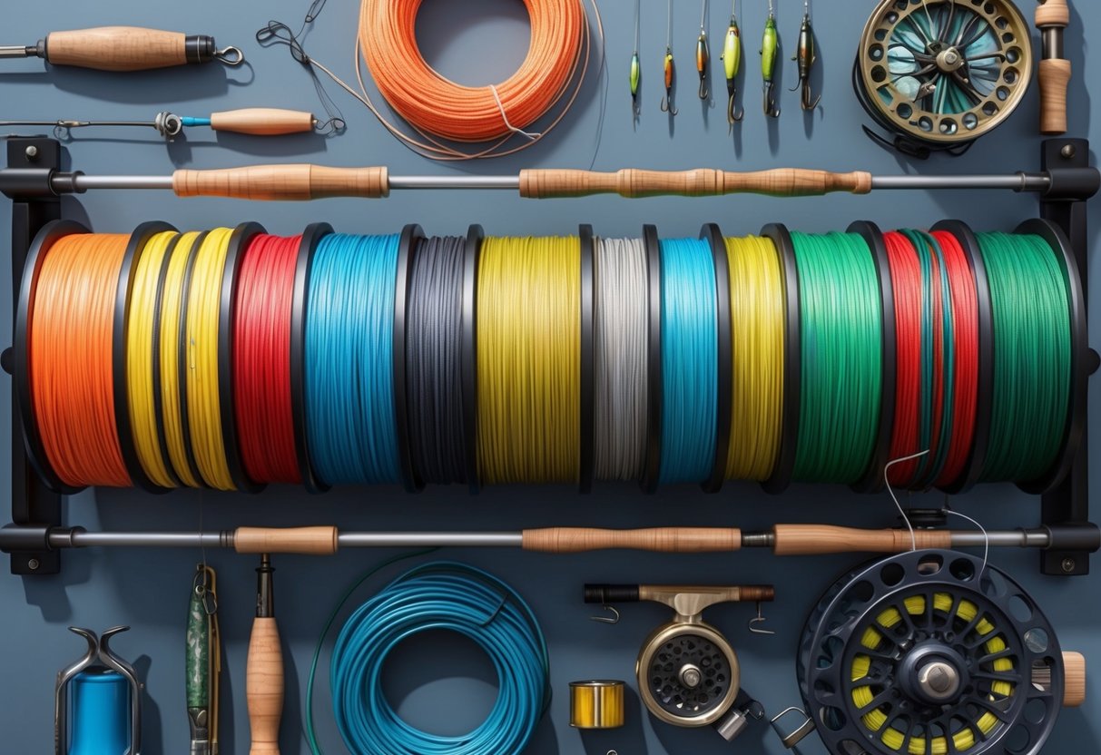 Fishing lines neatly coiled on a wall-mounted rack, surrounded by various fishing gear and equipment for different seasons