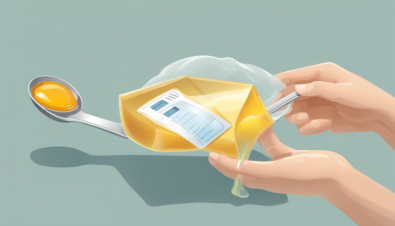 A hand holding an open envelope of gelatin with a measuring spoon next to it, pouring out gelatin