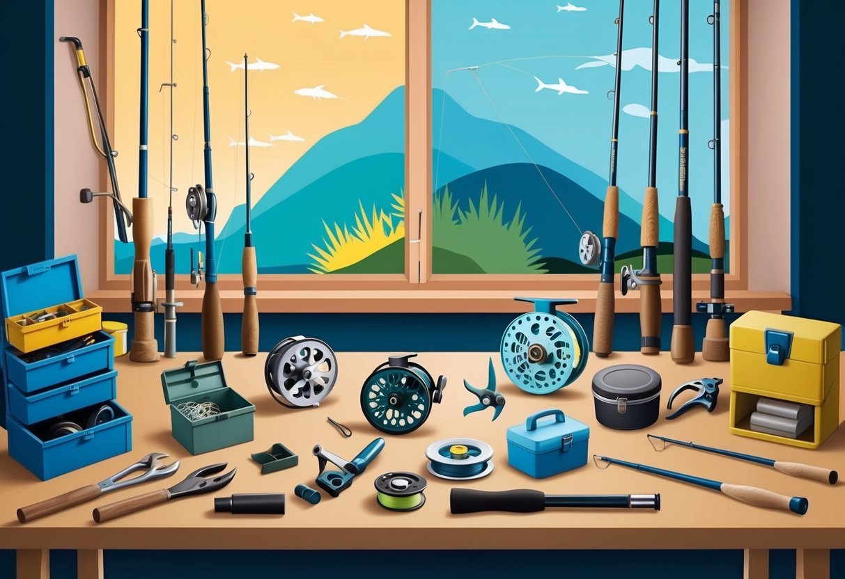 A fishing gear maintenance scene with various tools, reels, rods, and tackle boxes arranged neatly on a workbench with seasonal backgrounds displayed in the background
