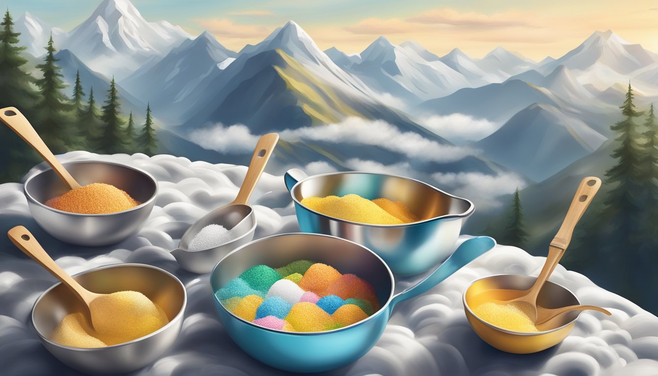 Measuring cups and spoons on a mountain peak, surrounded by clouds and a high altitude landscape