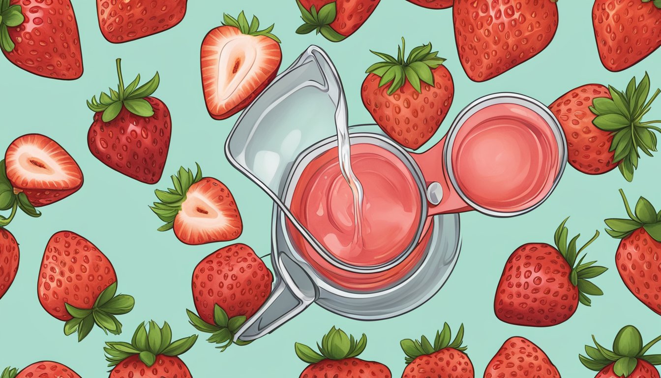 A pint of strawberries pouring into a measuring cup, spilling over slightly