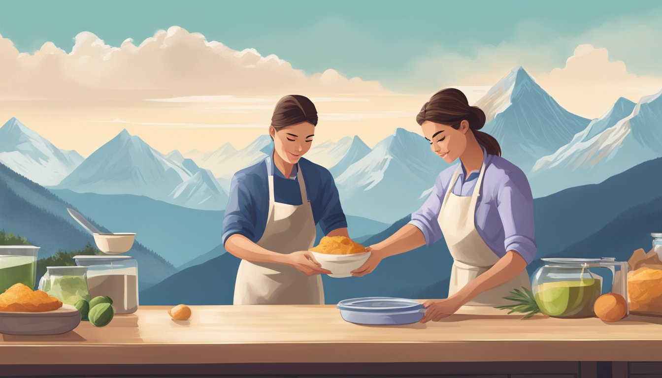 A baker adjusting ingredient measurements at a high-altitude kitchen counter with mountains in the background