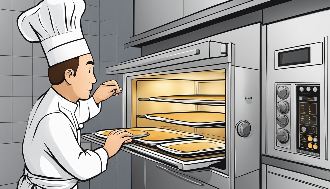 A chef adjusting oven temperature and timer for high altitude baking