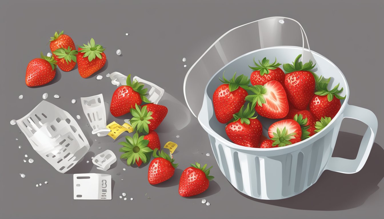 A pint of strawberries spills into a measuring cup, overflowing slightly. A measuring tape is laid out next to it, showing the conversion from pints to cups