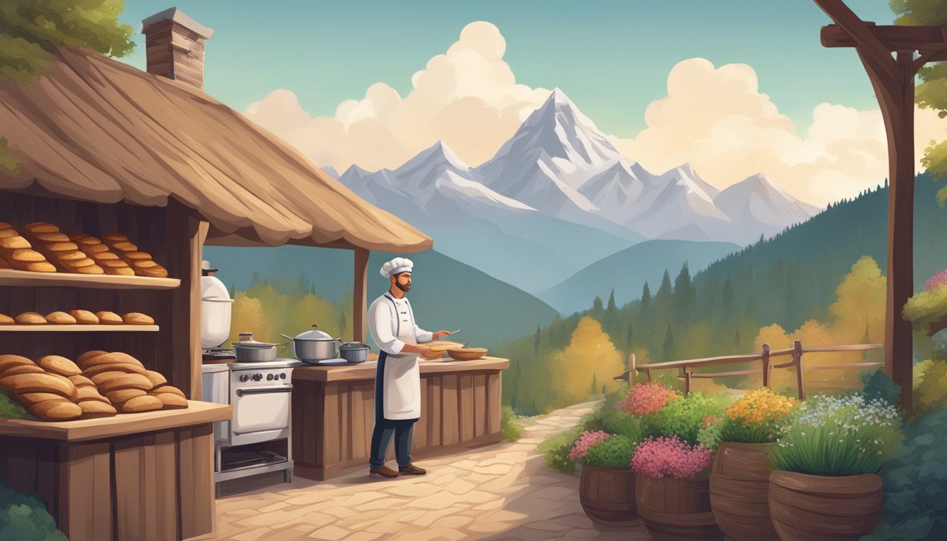 A mountainous landscape with a rustic bakery surrounded by tall peaks. A chef adjusts a recipe while measuring ingredients at a high altitude