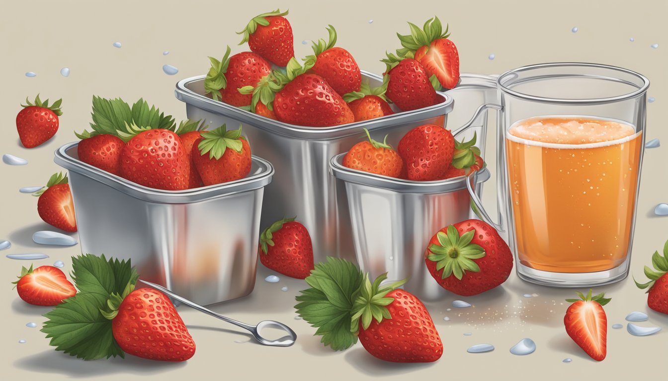 Fresh strawberries spilling out of a pint container, surrounded by scattered measuring cups