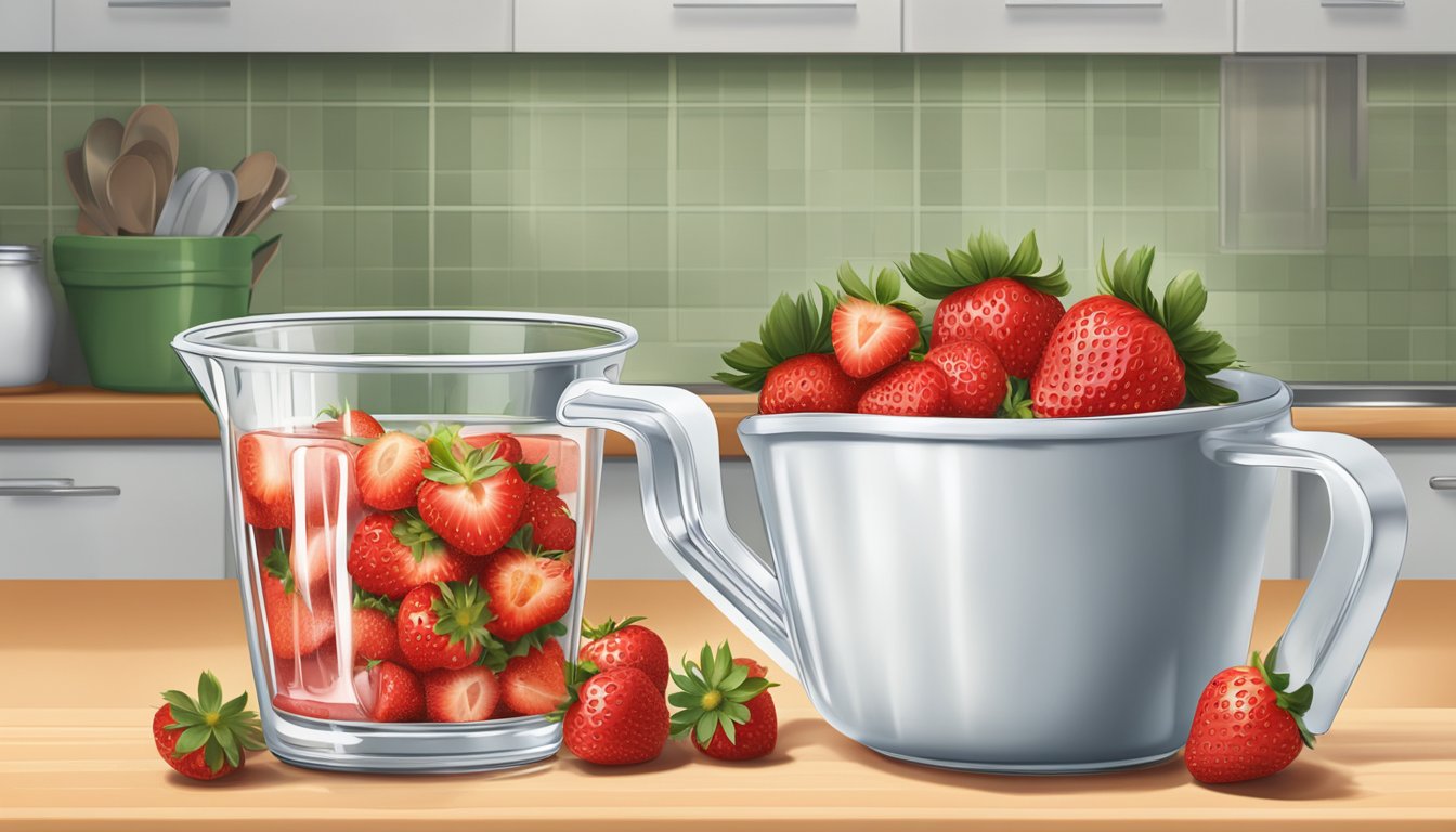 A pint of strawberries spilling out of a measuring cup onto a kitchen counter