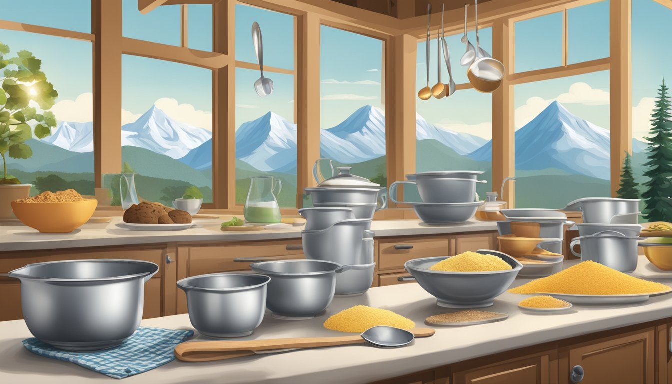 A kitchen scene with measuring cups, spoons, and a mountain landscape in the background, showcasing the process of converting measurements for high altitude baking