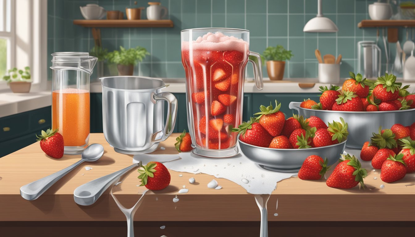 A pint of strawberries spills out onto a table, surrounded by measuring cups and other kitchen tools