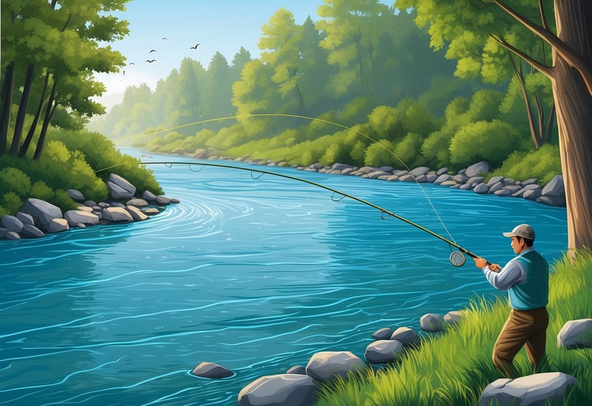 A fishing rod with a line cast into a river where the water level is visibly fluctuating, surrounded by trees and rocks on the riverbank