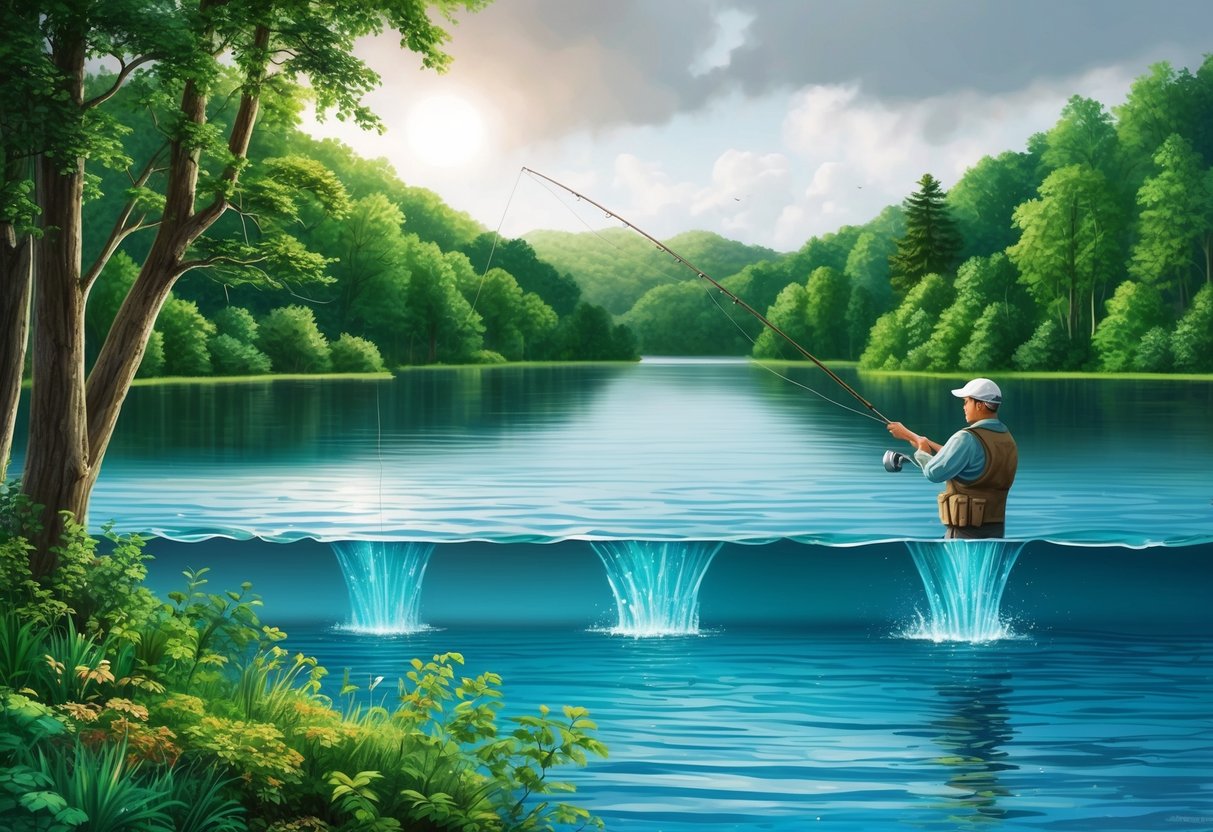 A serene lake surrounded by lush greenery, with a fishing rod casting into the water. The water levels are fluctuating, and the sky is changing from sunny to overcast