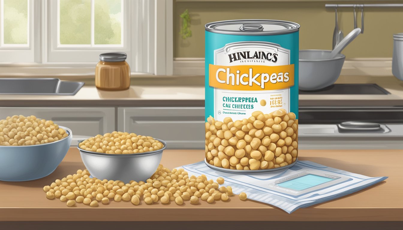 A can of chickpeas sits on a kitchen counter, surrounded by measuring cups and a scale. The label reads "15 ounces."