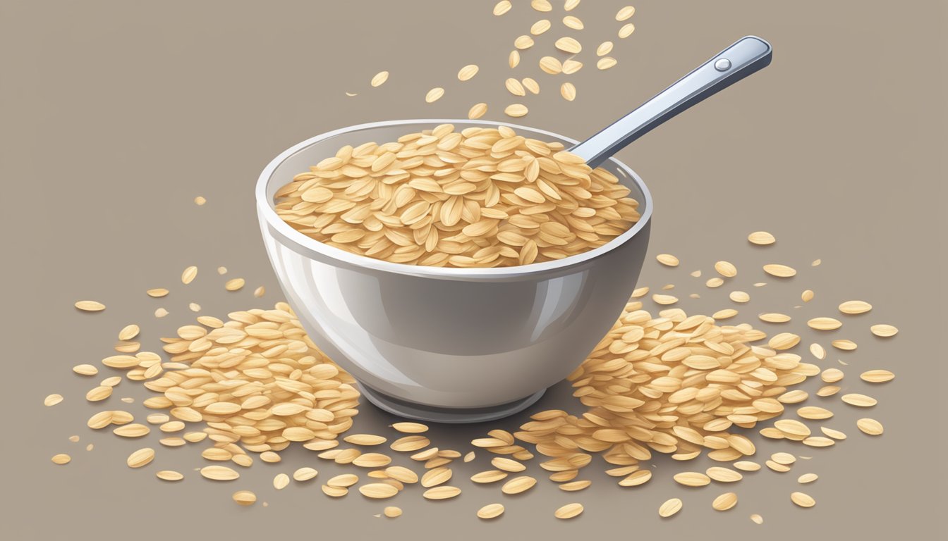 A pound of oats pouring into a measuring cup, with scattered oats around