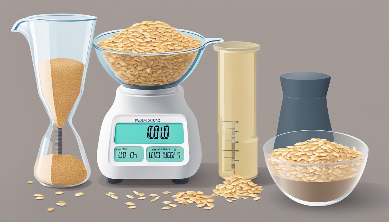 A measuring cup filled with oats next to a digital scale displaying the weight in pounds