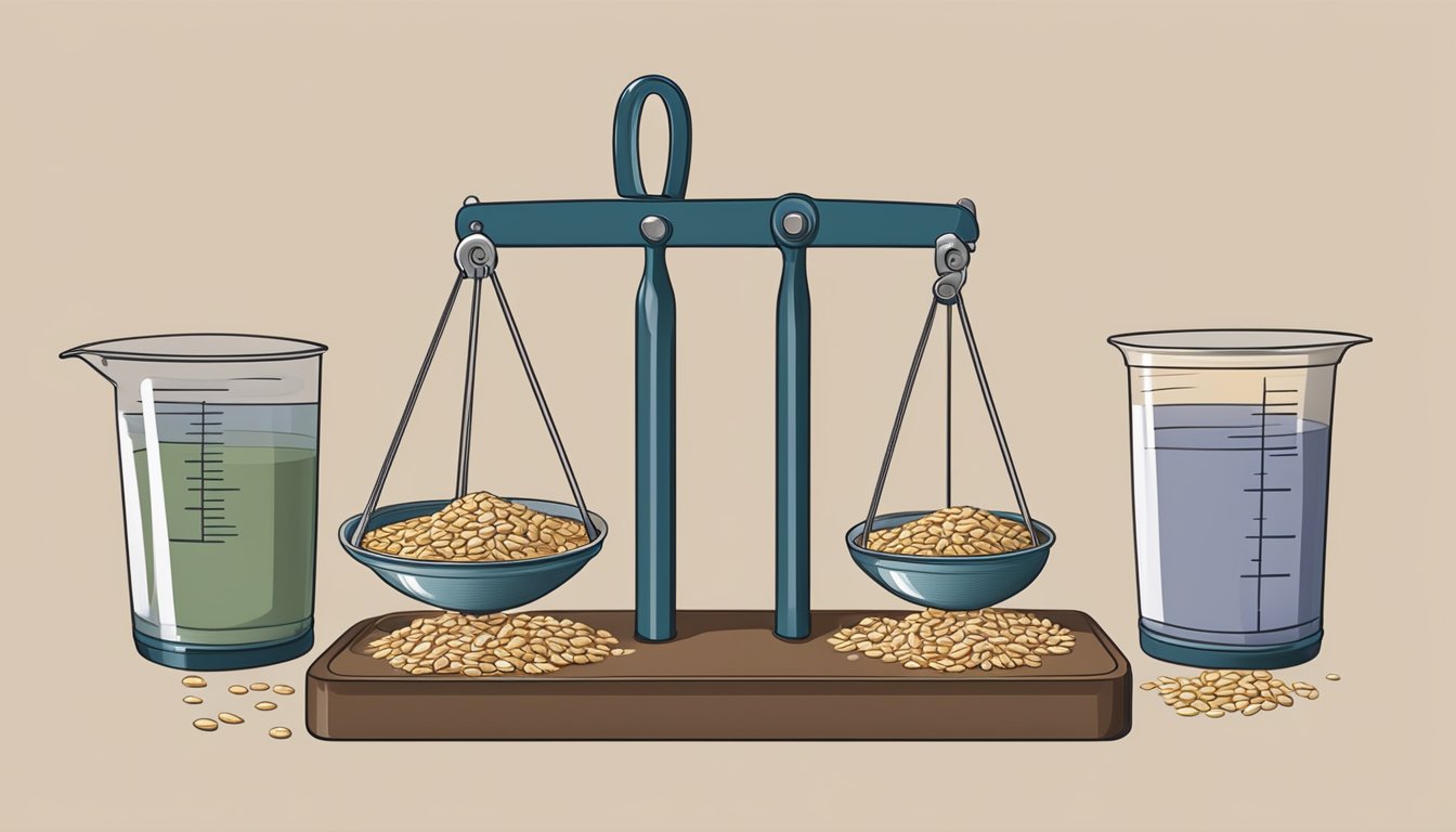 A scale with a pound of oats on one side and several measuring cups on the other side