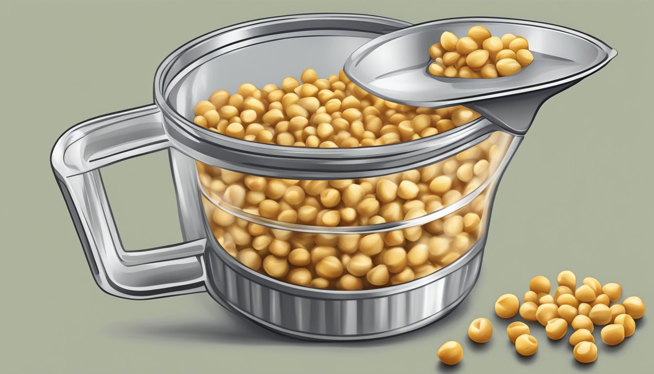 A can of chickpeas pouring into a measuring cup, displaying the measurement in ounces