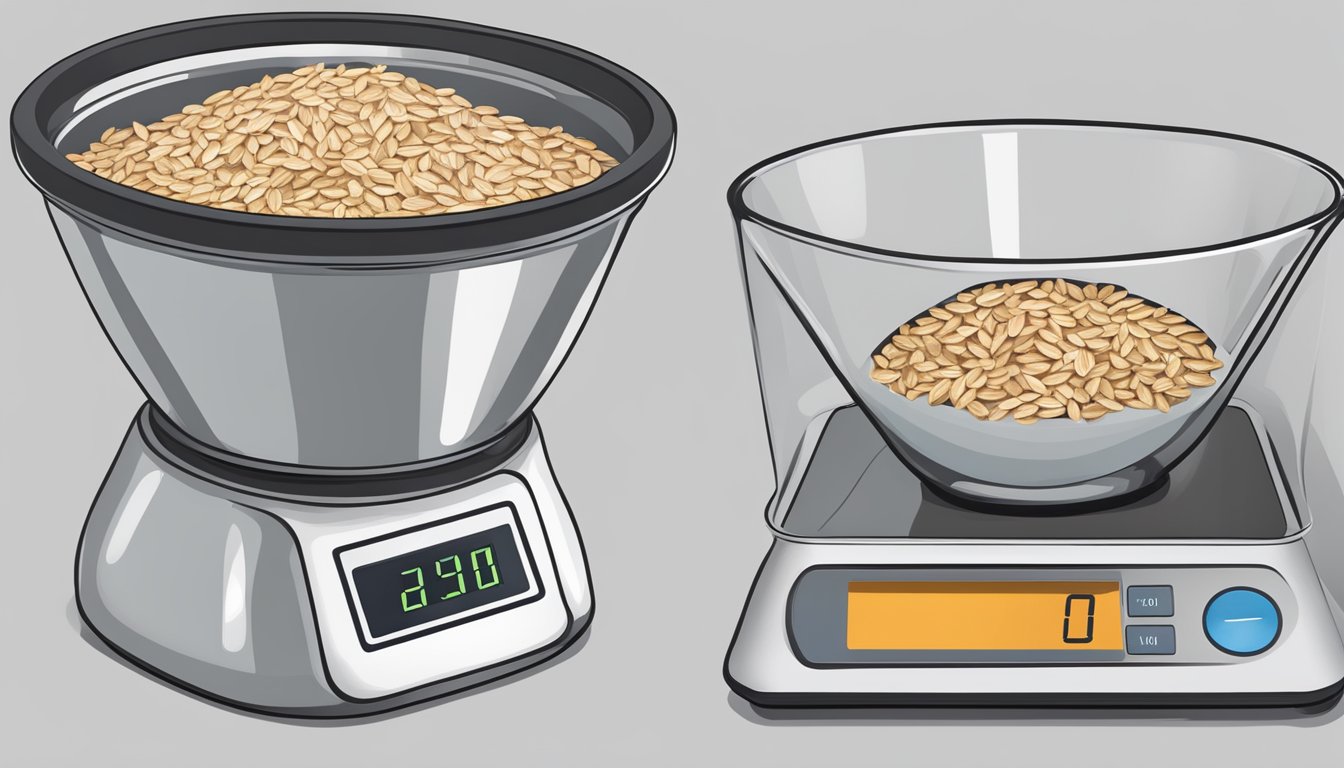 A measuring cup filled with oats, next to a digital scale showing one pound