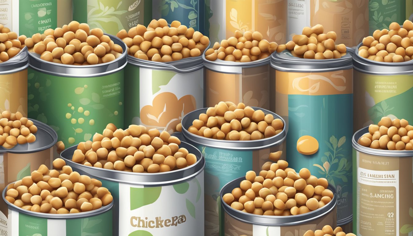 A variety of chickpeas in different sizes and colors spill out from an open can, with the can's label prominently displayed