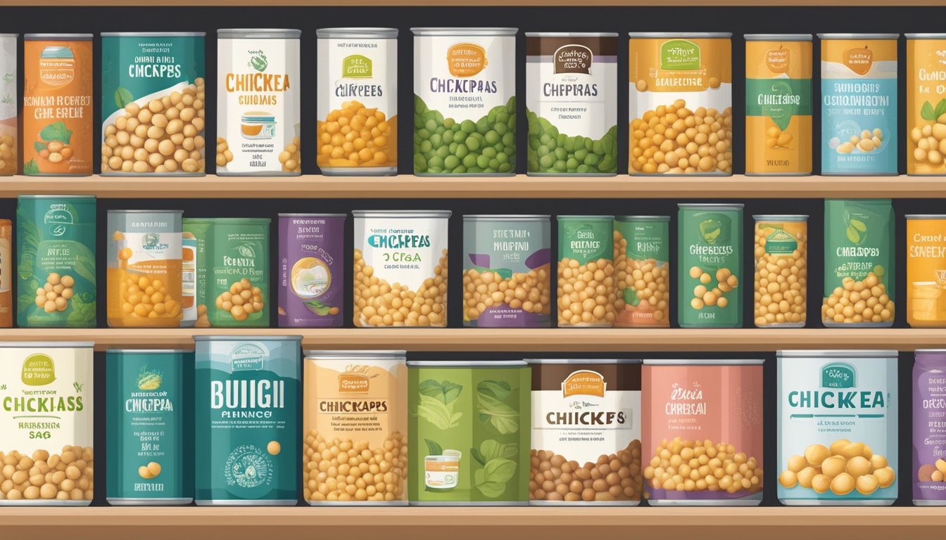 A can of chickpeas sits on a shelf, surrounded by other canned goods. The label indicates the weight in ounces