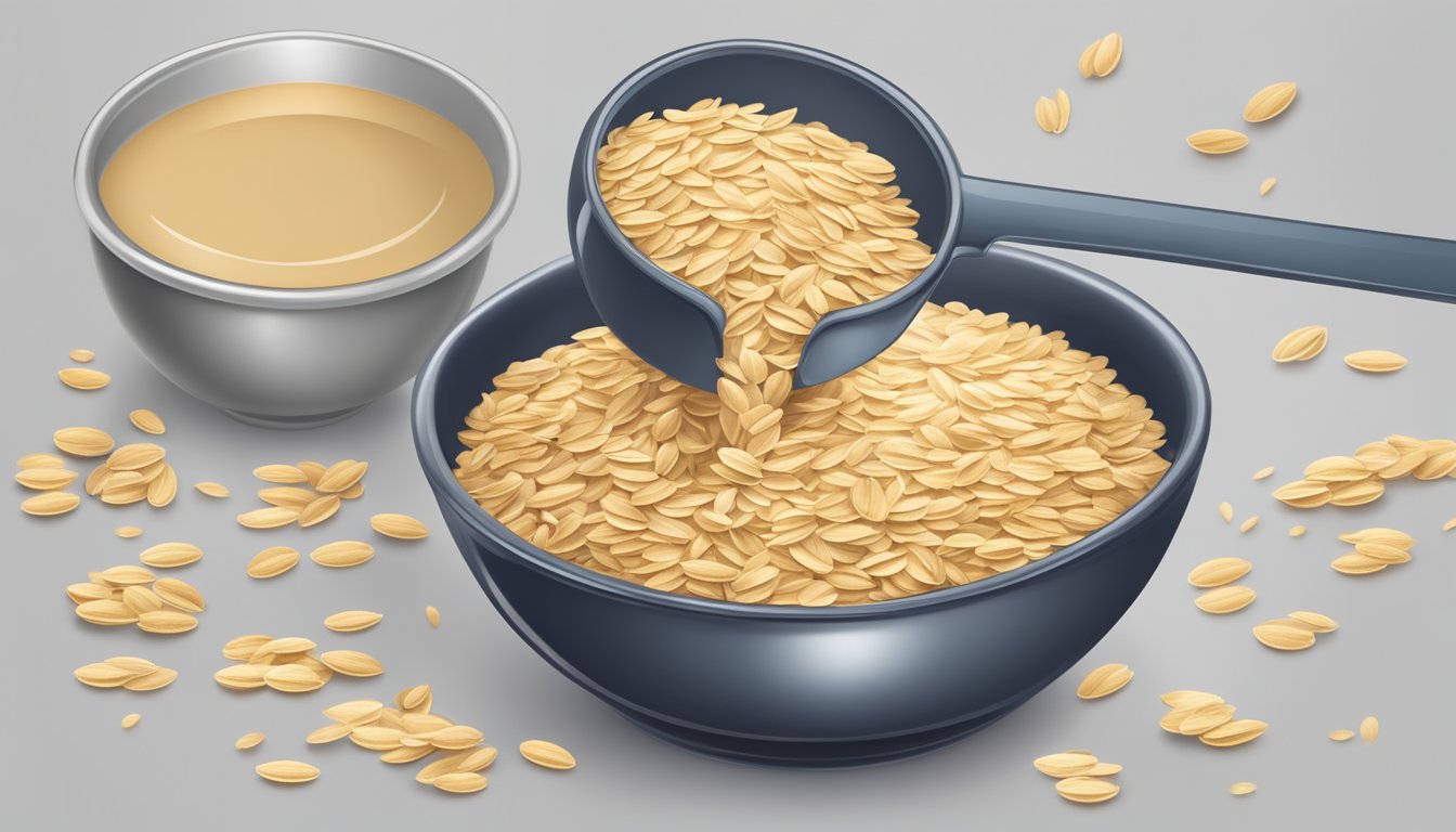 A pound of oats pouring into a measuring cup, with additional cups nearby for comparison