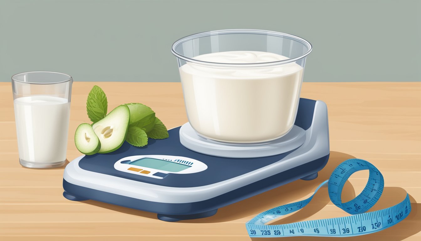 A measuring cup filled with yogurt, next to a scale showing the weight in ounces