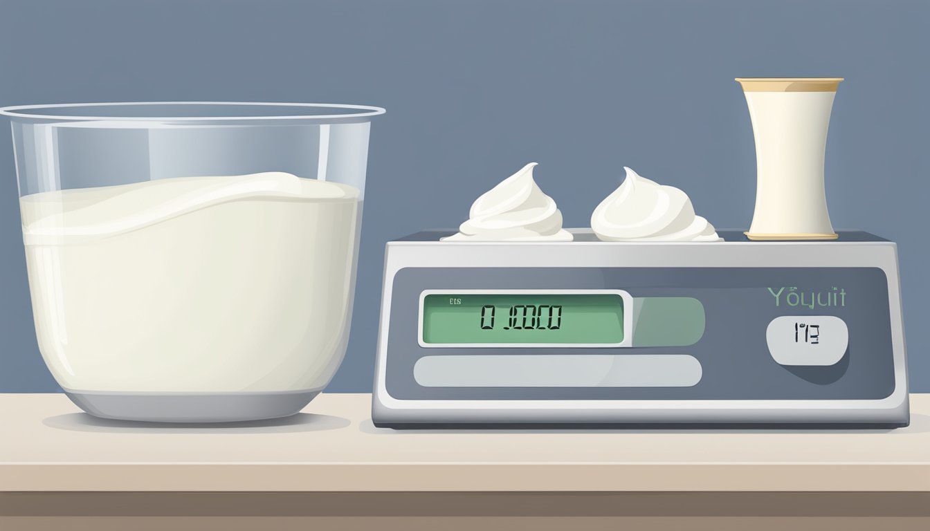 A measuring cup filled with yogurt, next to a scale showing the weight in ounces