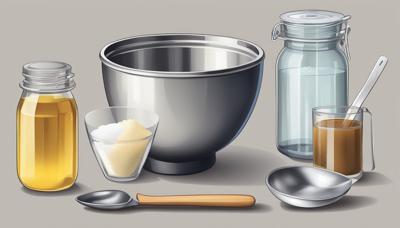 A mixing bowl with measured ingredients of sugar, water, and vanilla extract, beside a measuring cup and spoon