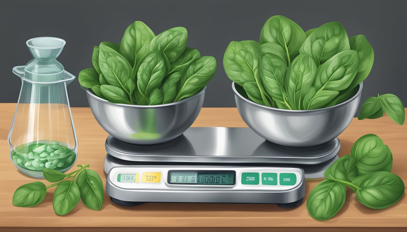 A scale with a pound of spinach on one side and a stack of measuring cups on the other