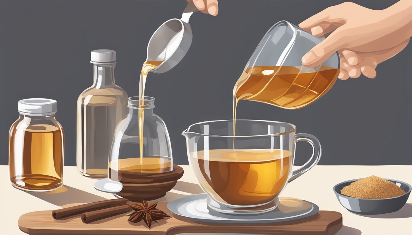 A hand pouring maple syrup into a measuring cup, with a bottle of vanilla extract and a pile of sugar nearby