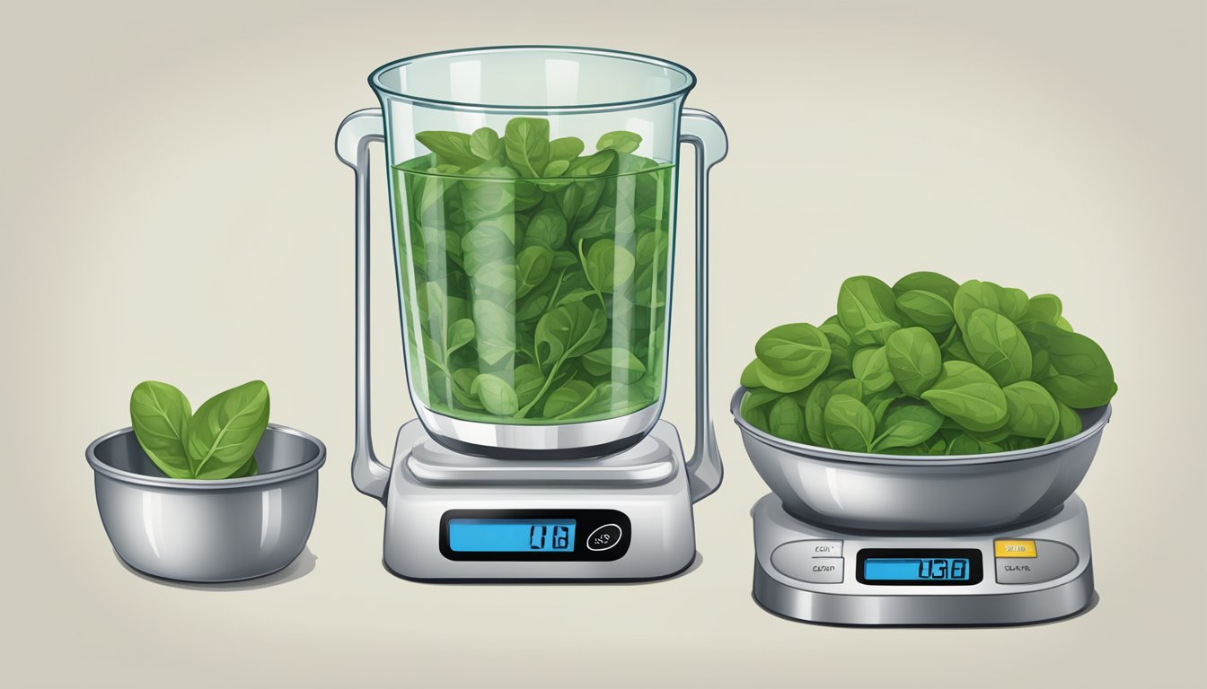 A scale with a pound of spinach next to a measuring cup showing the equivalent cups