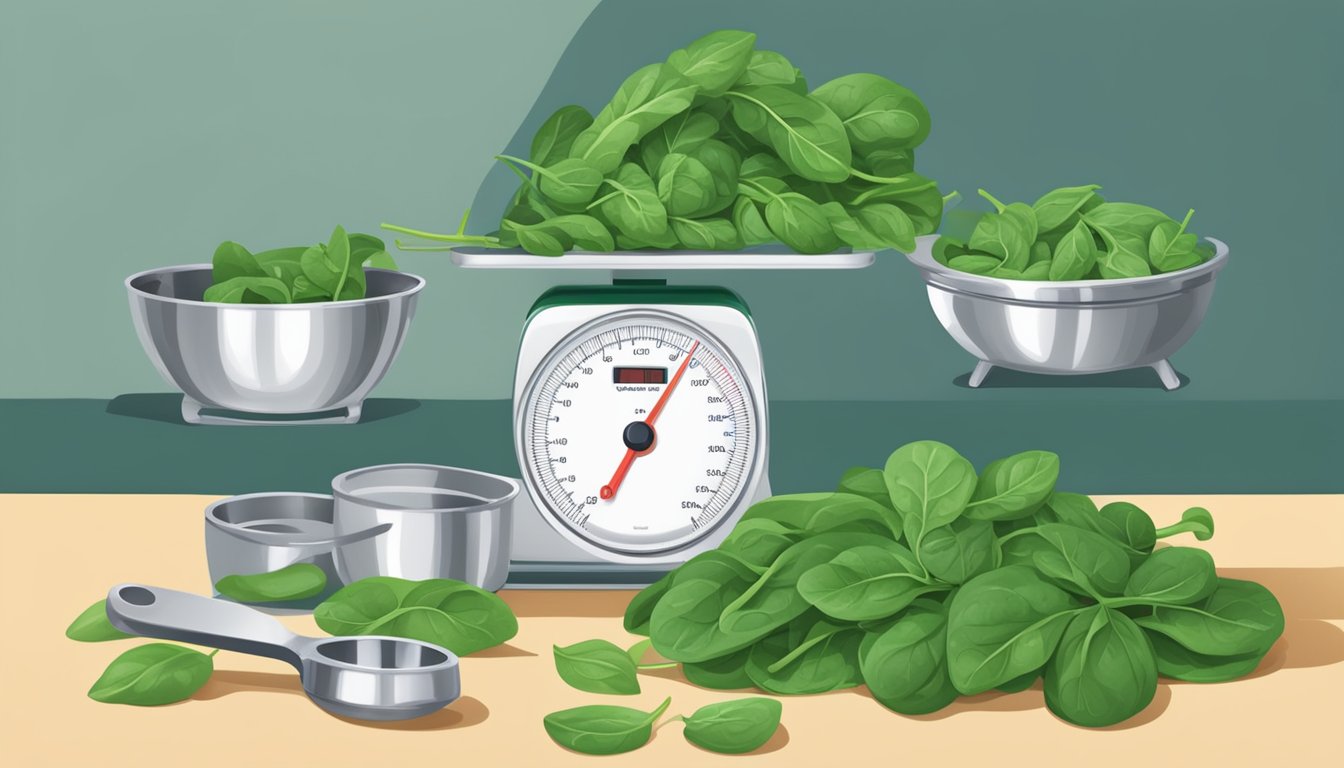 A scale with a bunch of fresh spinach on one side and a stack of measuring cups on the other