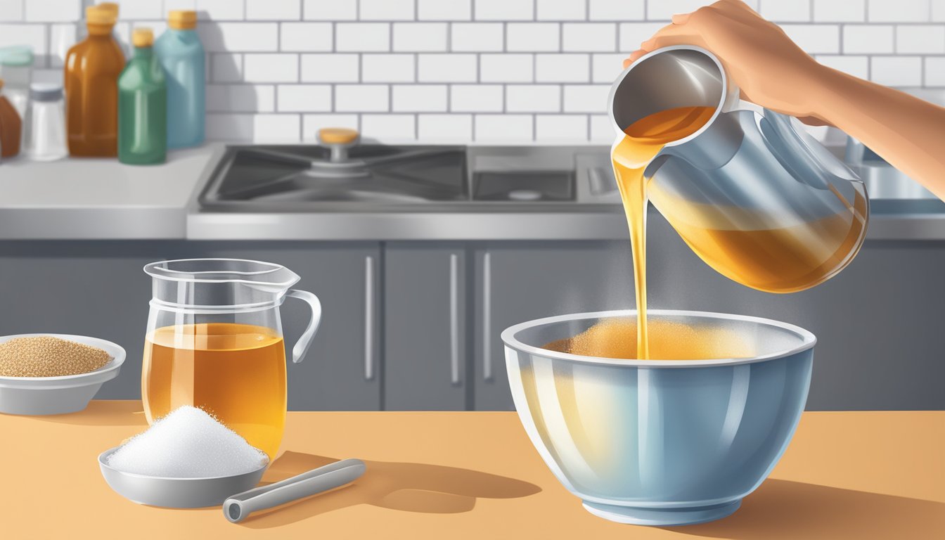 A measuring cup pouring maple syrup into a mixing bowl with sugar and water on a kitchen counter