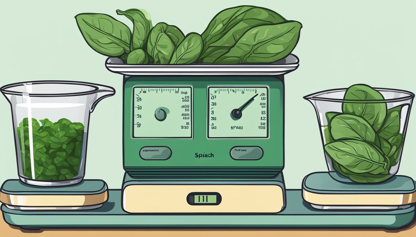 A scale with a pound of spinach next to a measuring cup showing the equivalent in cups