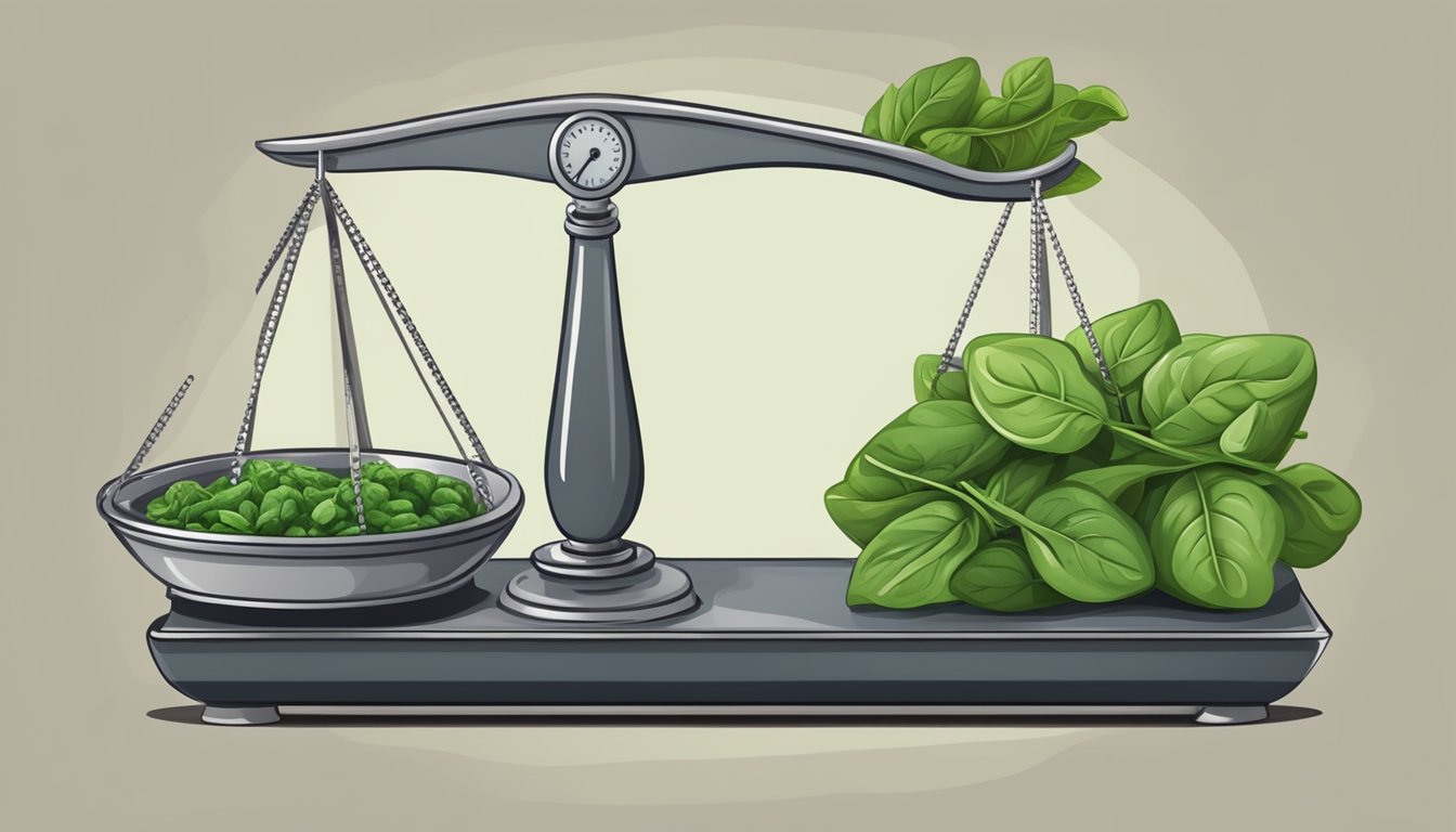 A scale with a pile of spinach on one side and a pound weight on the other