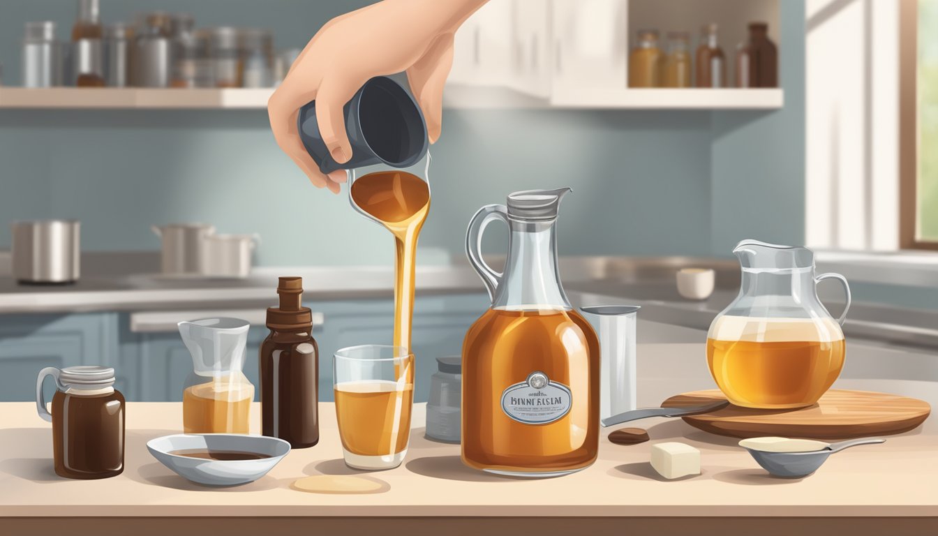 A hand pours maple syrup into a measuring cup, while a bottle of vanilla extract and a bag of sugar sit on the counter