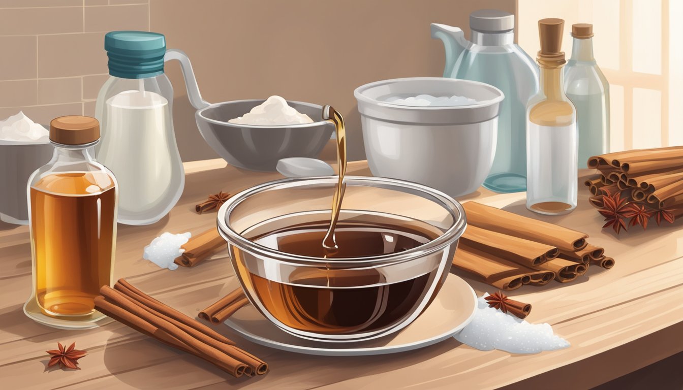 A measuring cup pouring maple syrup into a mixing bowl with sugar and water, surrounded by bottles of vanilla extract and cinnamon