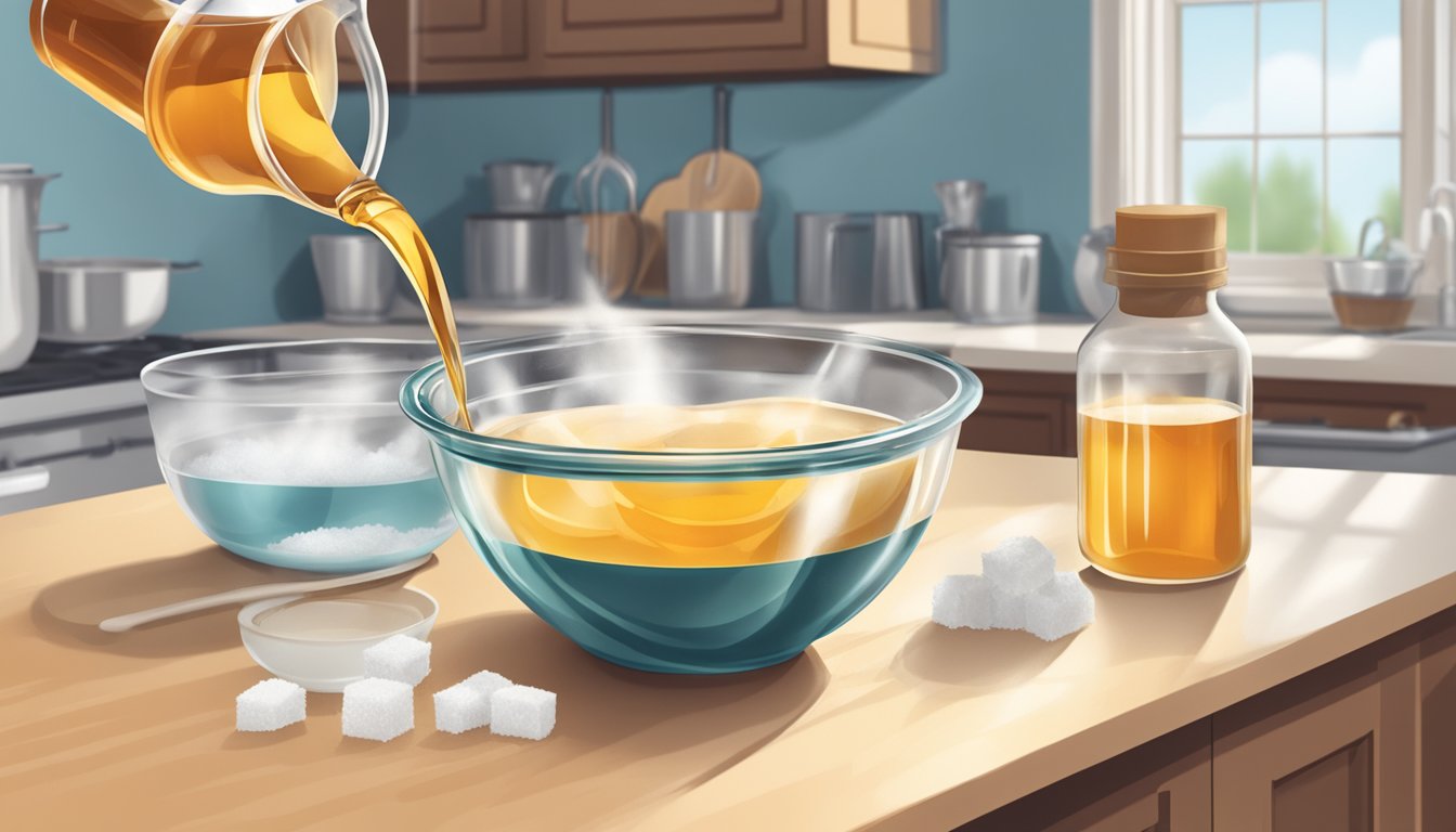 A measuring cup pouring maple syrup into a mixing bowl with sugar and water on a kitchen counter