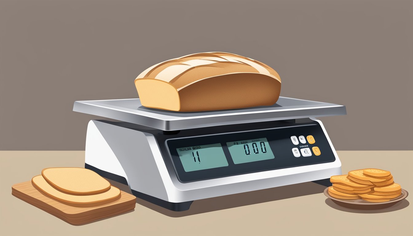 A loaf of bread sliced with a digital scale displaying the weight in ounces