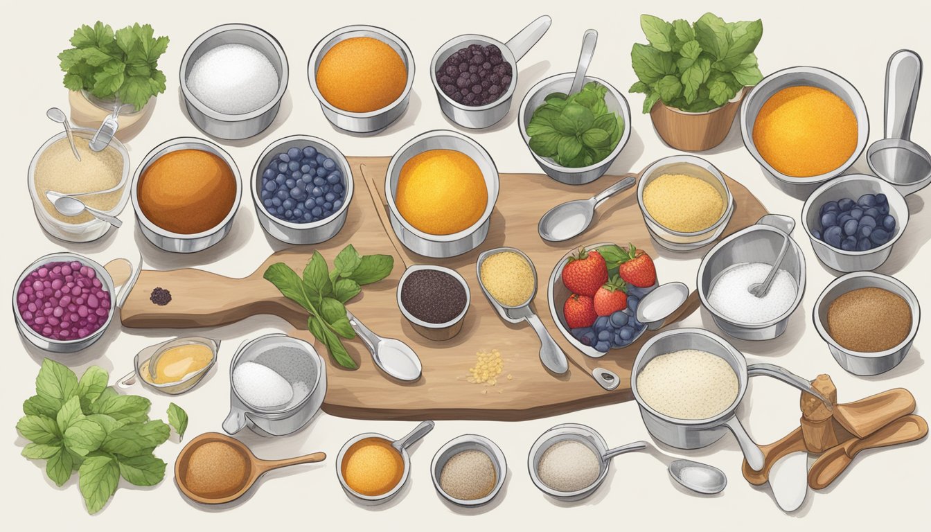 A table with measuring cups and spoons labeled in both US and UK measurements, surrounded by various ingredients and a recipe book