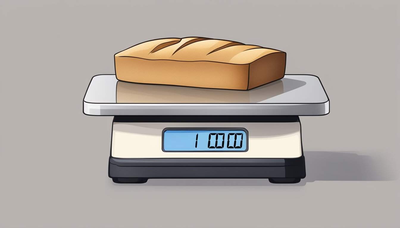 A digital scale displaying the weight of a single slice of bread in ounces