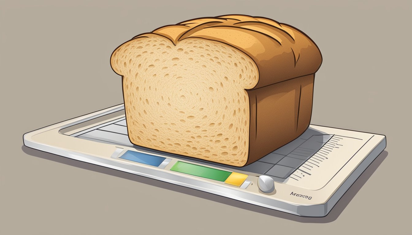 A loaf of bread sliced with a measuring scale, showing the weight of a single slice in ounces