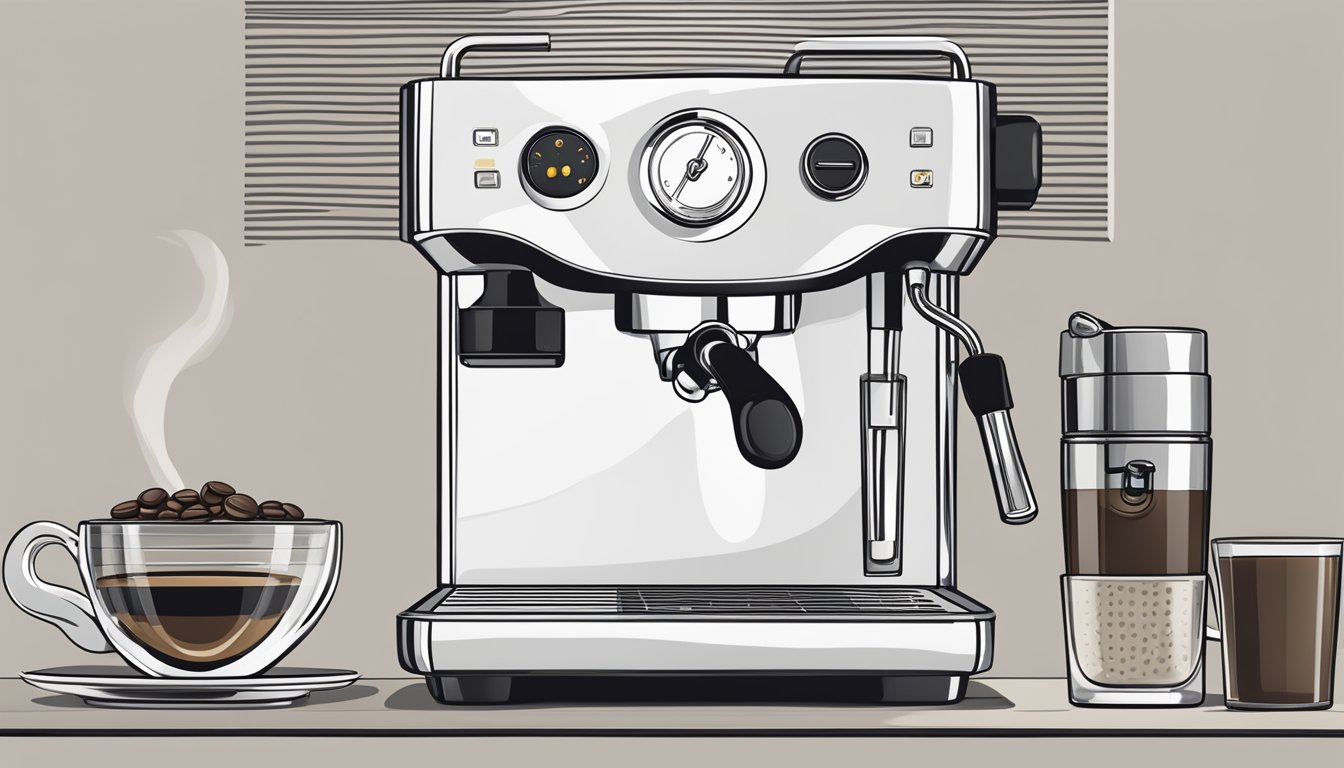 A sleek espresso machine dispenses a shot of espresso into a small, ceramic cup. A bag of coffee beans sits next to the machine, ready to be used